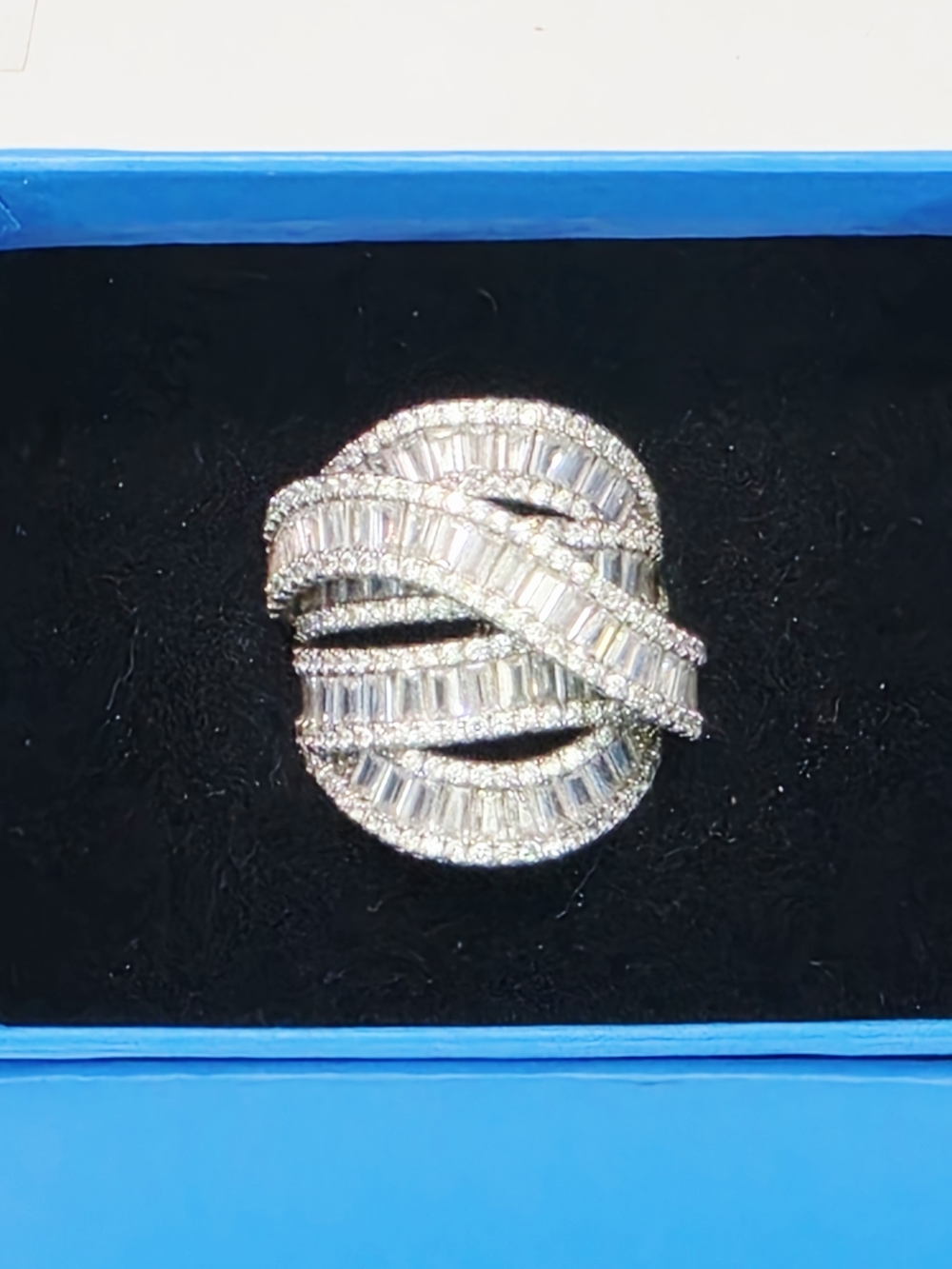Diamonique Baguette & Round Wide Crossover Band Ring Sterling Silver Size 9 Box - Picture 2 of 11